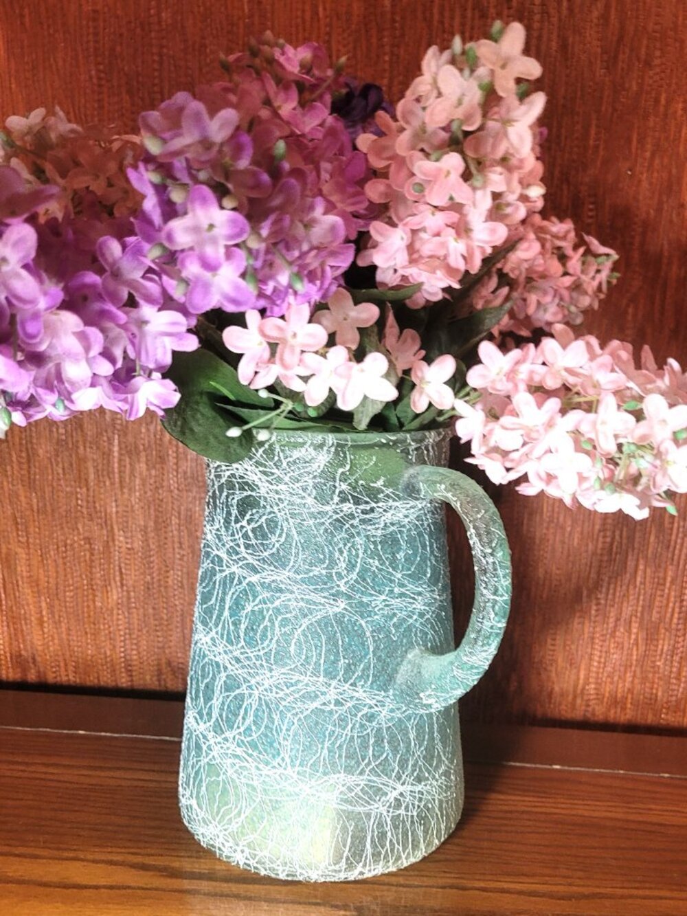 1950s Green Spaghetti Drizzle Glass Pitcher Vase Faux Lilacs